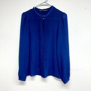 Zara Basic Women Navy Blue Long Sleeve Button Neckline Blouse Top Size M